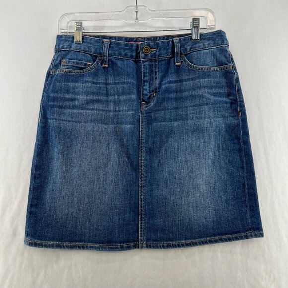 Tommy Hilfiger Denim Mini Skirt Womens Sz 4 Straight Cut Zip Fly Dark Blue Wash - Picture 1 of 11